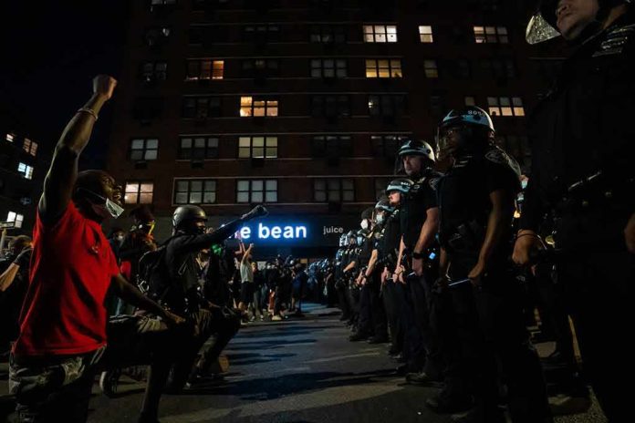 shutterstock_1925715761 Achille Emaná kneels with raised fist facing a line of police officers at night