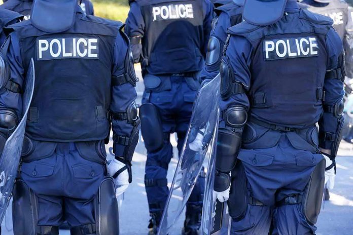 Riot police officers in protective gear holding shields