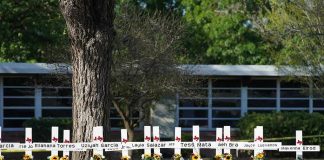Row of white memorial crosses with flowers outside a building