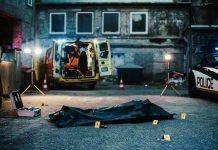 crime scene with body bag in alley