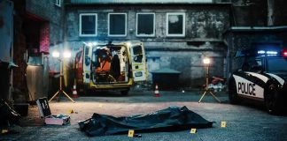 crime scene with body bag in alley