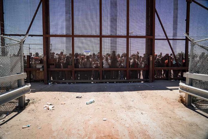 shutterstock_2298883197-1 Crowd stands behind tall metal fence at border crossing