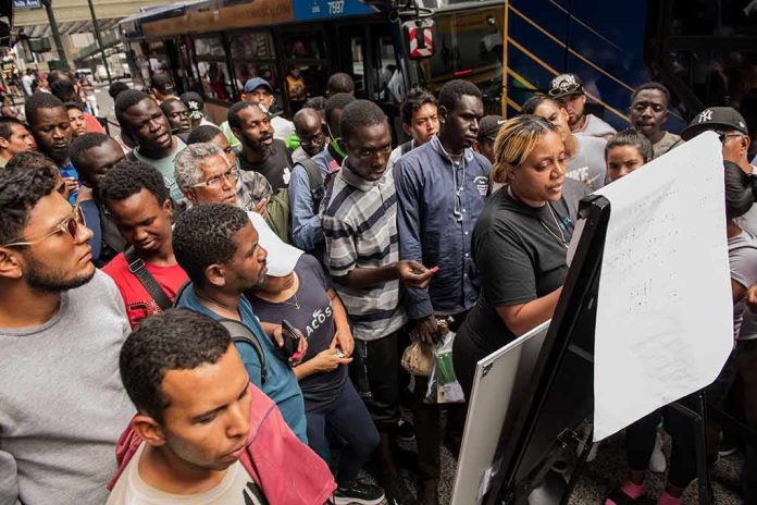 Crowd gathers around a woman reading a notice board at a bus stop