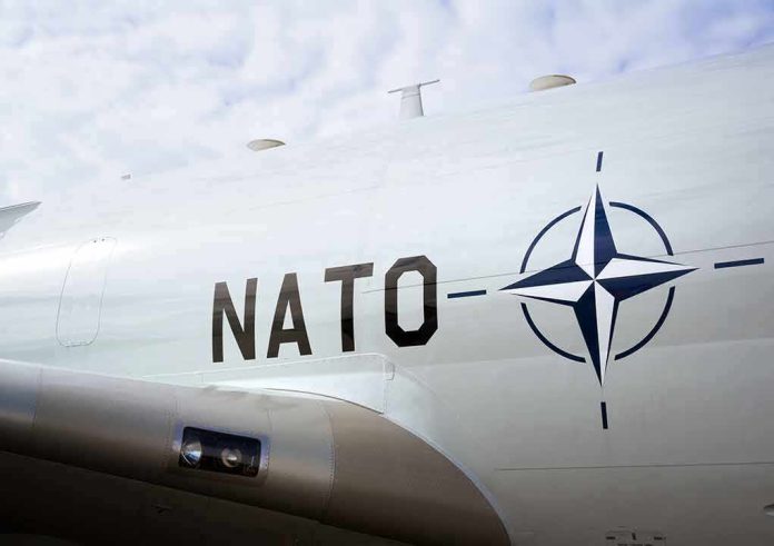 Aircraft fuselage with NATO emblem and lettering