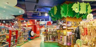 toy store aisle with colorful shelves and displays
