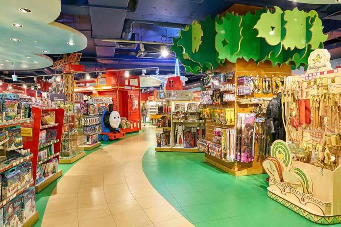 toy store aisle with colorful shelves and displays
