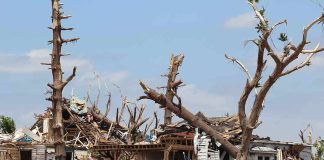 Storm-damaged house with fallen trees and debris