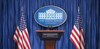 Catholic Bishops Rip Trump White House After Visit White House press podium with microphones and two American flags