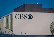 CBS building exterior with logo and satellite dishes