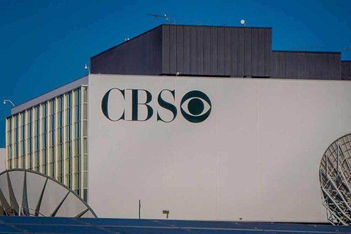 CBS building exterior with logo and satellite dishes