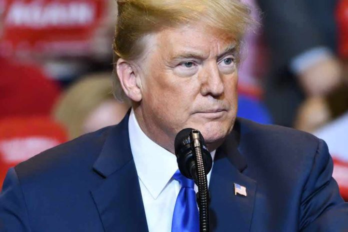 Donald Trump speaking at a podium with a microphone