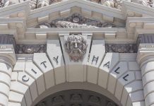 Close-up of the City Hall entrance with ornate architectural details
