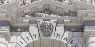 Close-up of the City Hall entrance with ornate architectural details