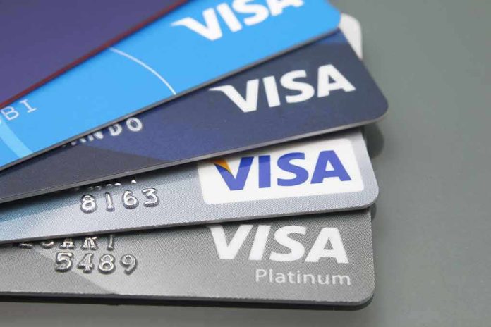 Visa credit cards stacked in a fanned arrangement