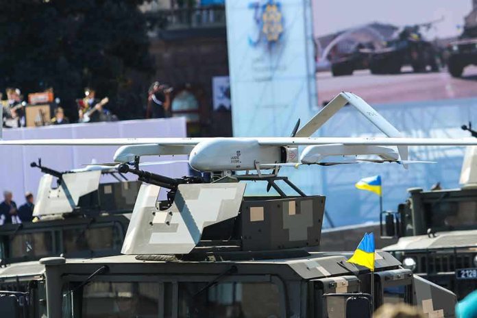 Military drone mounted on armored vehicle