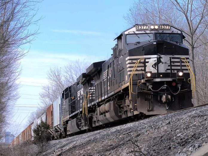 shutterstock_2131141745 Freight train locomotive on a wooded track