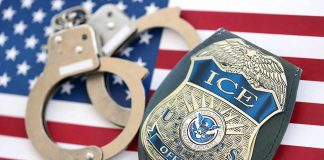 Officer Fired for Sharing Her Flock Login With ICE Husband ICE officer badge and handcuffs on an American flag
