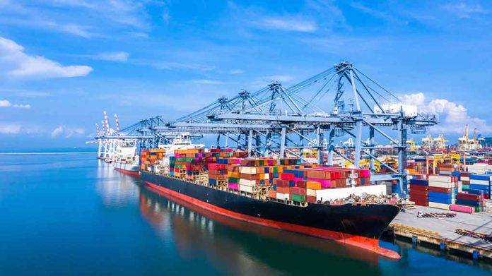 Container ship docked at a busy industrial port.