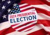 2024 Presidential Election button on American flag.