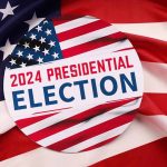 2024 Presidential Election button on American flag.