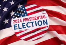 2024 Presidential Election button on American flag.