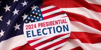 2024 Presidential Election button on American flag.