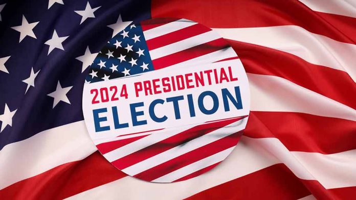 2024 Presidential Election button on American flag.