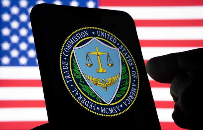 FTC logo on smartphone with American flag background