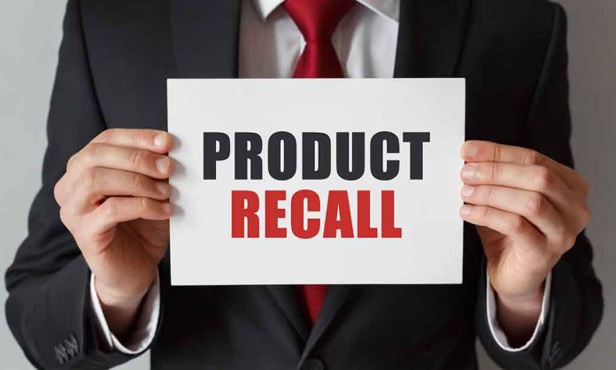 "Product Recall" sign held by person in suit.