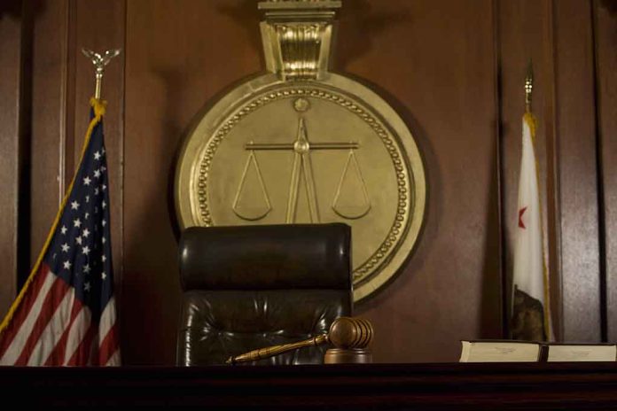 Judge's chair, gavel, flags, and scales of justice emblem.