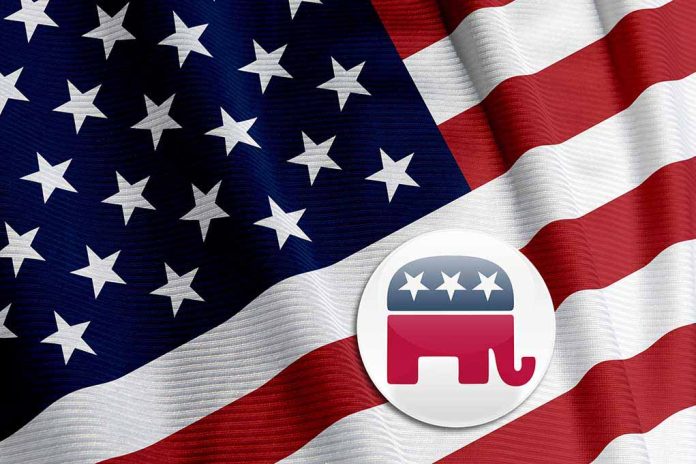 American flag with Republican elephant symbol.