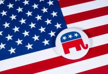 Republican elephant symbol on American flag background