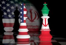 Chess pieces with US and Iran flags design