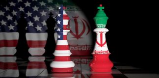 Chess pieces with US and Iran flags design