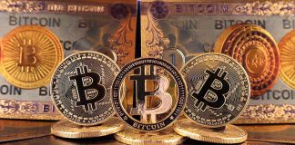 Bitcoins and Bitcoin themed banknotes in various designs