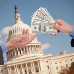 Hands exchanging money in front of Capitol building