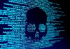Blue code text with skull shape in center