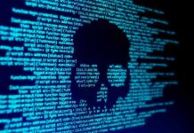 Blue code text with skull shape in center