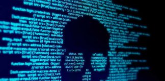 Blue code text with skull shape in center