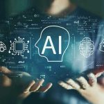 Person holding virtual icons related to artificial intelligence
