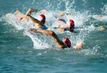 Group of swimmers racing in open water