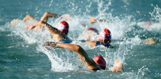 Group of swimmers racing in open water