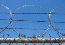 Barbed wire and metal fencing against blue sky