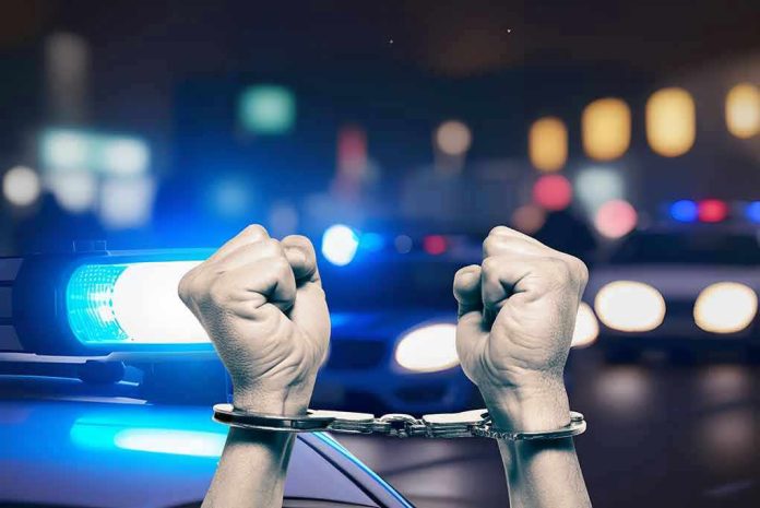 Hands in handcuffs in front of police cars.