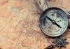 Old compass on a vintage map background