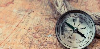 Old compass on a vintage map background