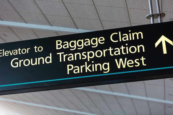 227918443 Airport sign for Baggage Claim and other destinations.