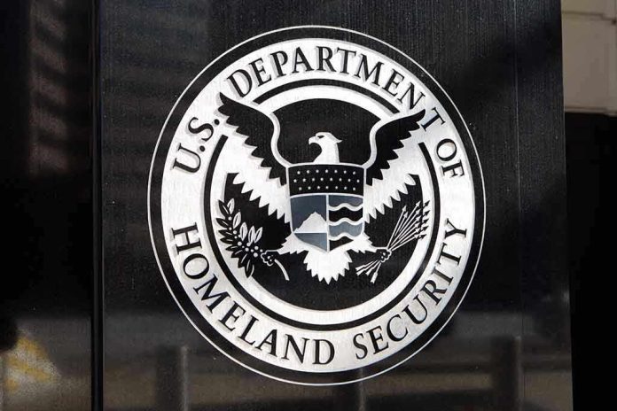 253261450 U.S. Department of Homeland Security emblem on wall.