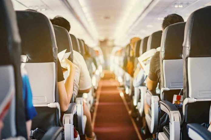 Passengers seated inside an airplane cabin.